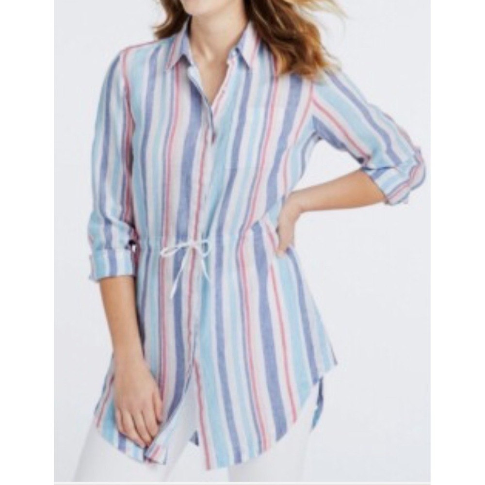 LL Bean Women L Coastal Beachy Striped 100% Linen Button Drawstring Waist Tunic